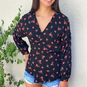 Zara | Black Floral Long Sleeve Wrap Top